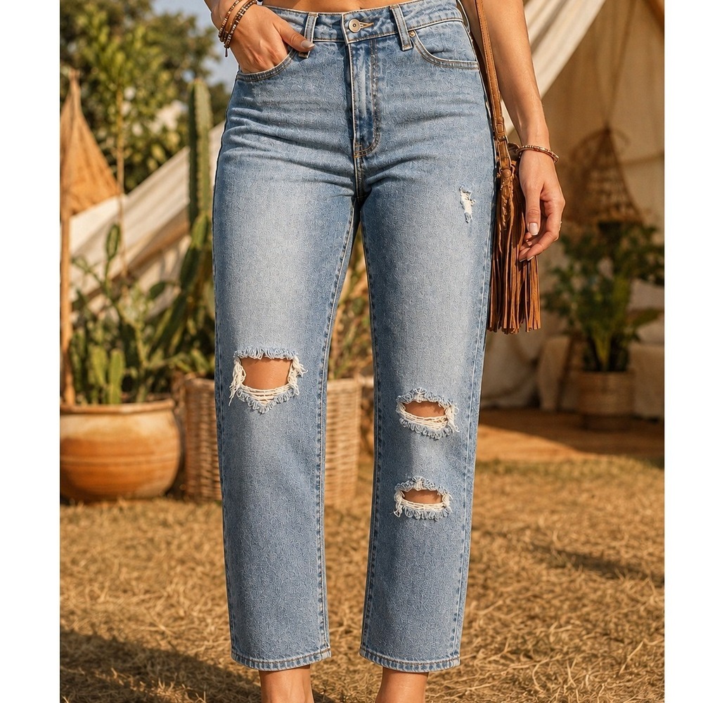 Kendall + Kylie The Icon High Rise Straight Distressed Crossover Jeans Blue 7/28